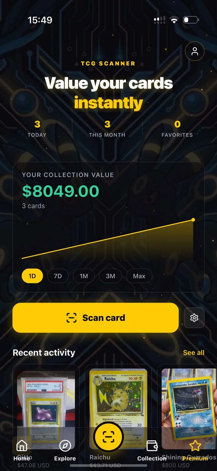 Scanner TCG AI home screen showing collection value and scan button