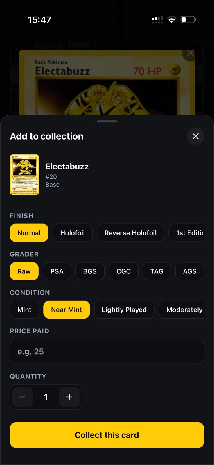 Scanner TCG AI — Add cards with finish, grade & condition